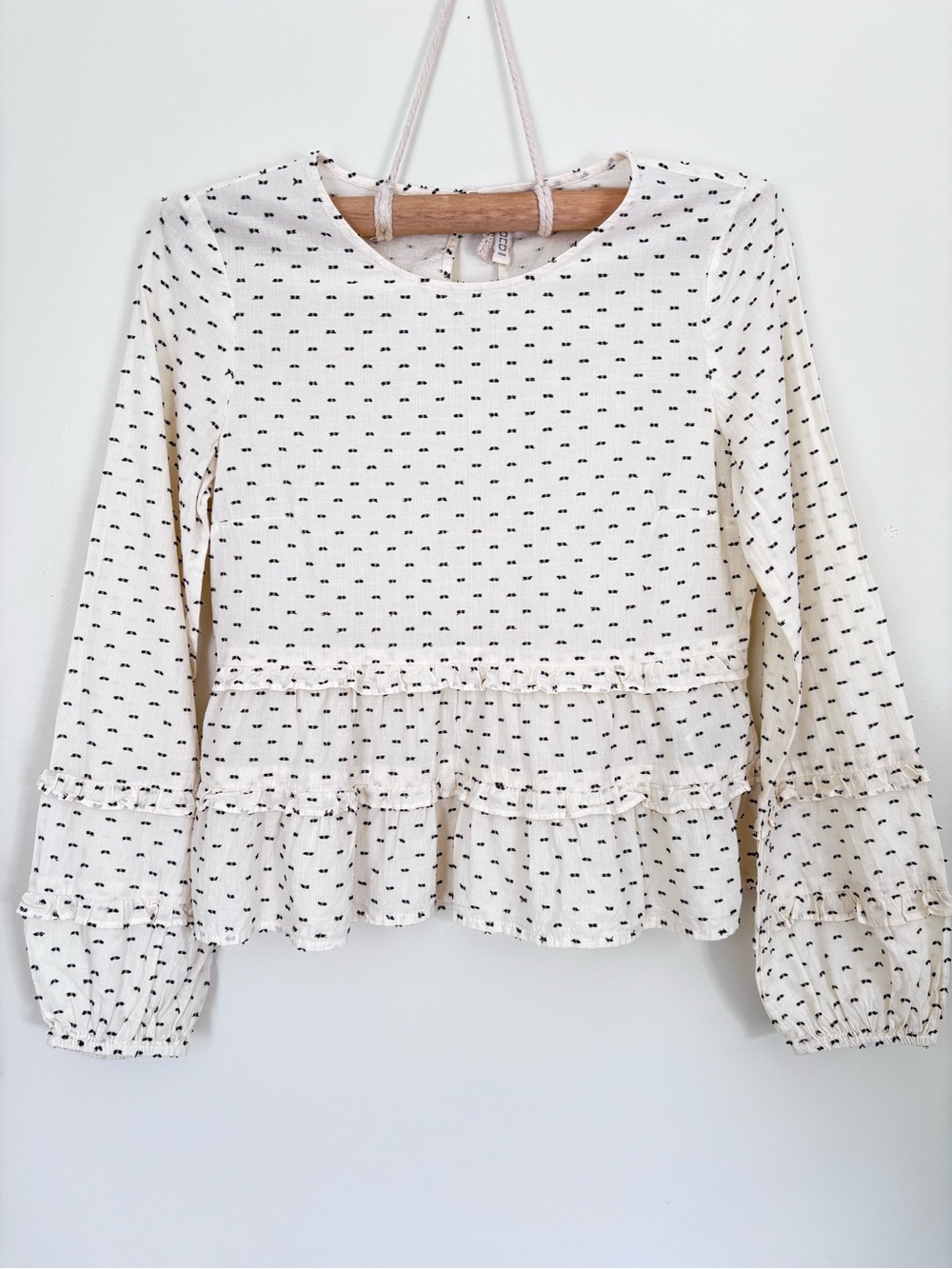 Divided Butter Yellow Long-Sleeve Ruffle Peplum Top with Navy Dot Print | XS